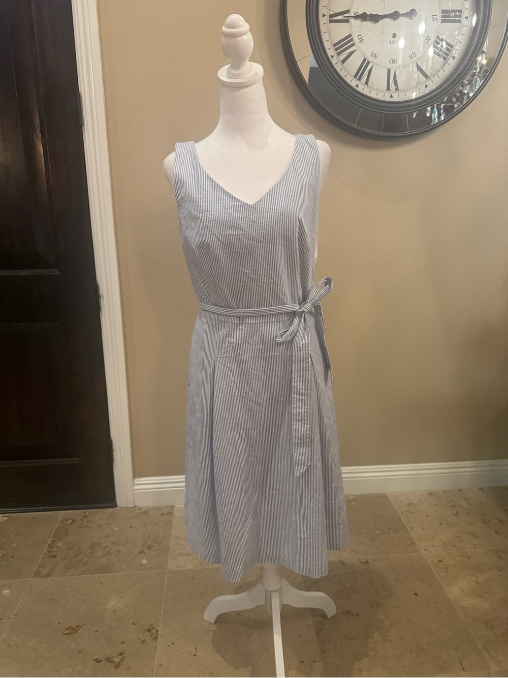 Talbots Light Blue & White Striped Tie-Waist Seersucker Midi Dress